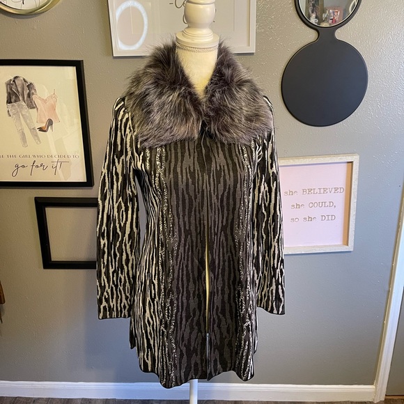 Ming Wang Gray Animal Printed Fur Collar Knit Jacket XS - Picture 11 of 11